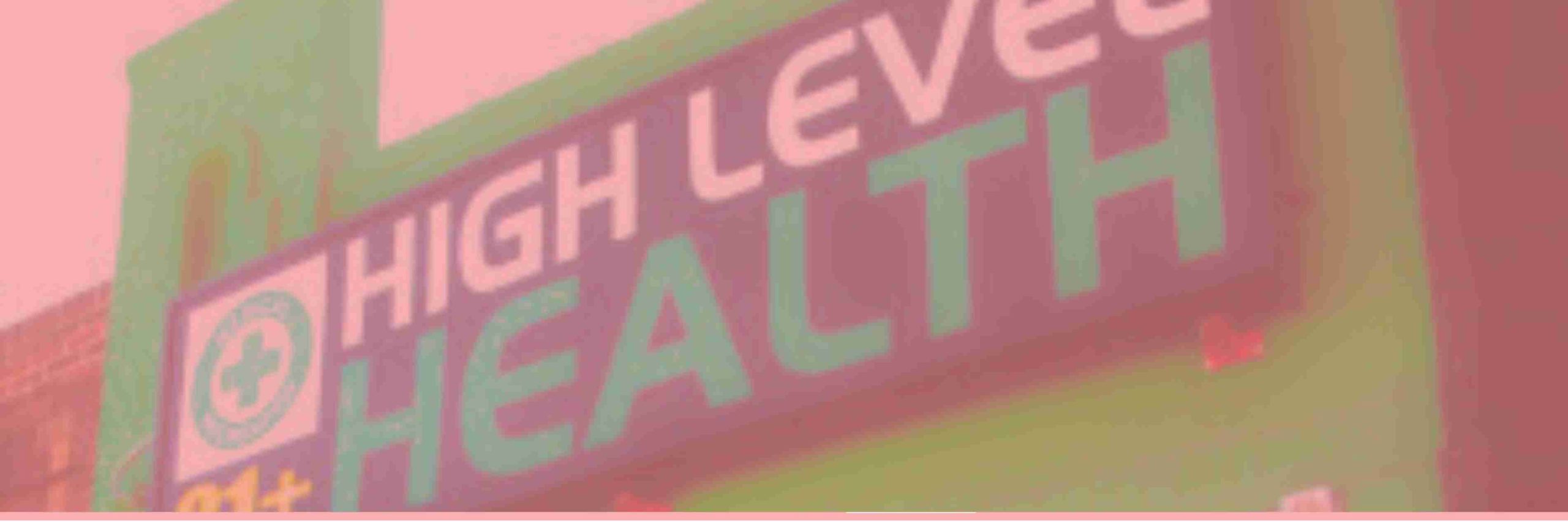 Photo of High Level Health's storefront sign with a pink overlay.