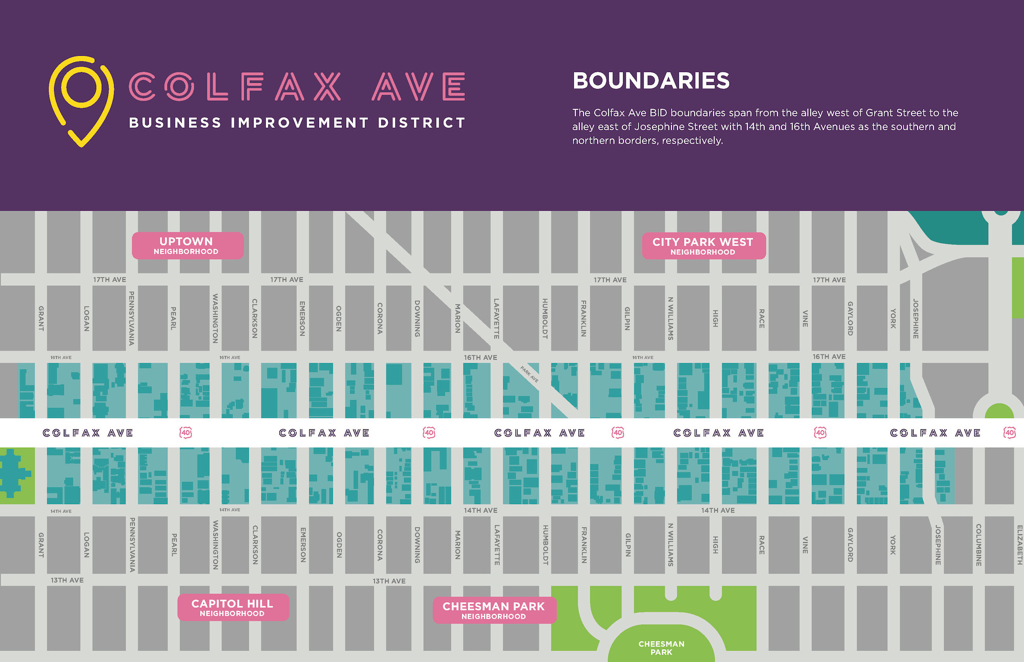 The Colfax Ave map illustrating the district boundaries.