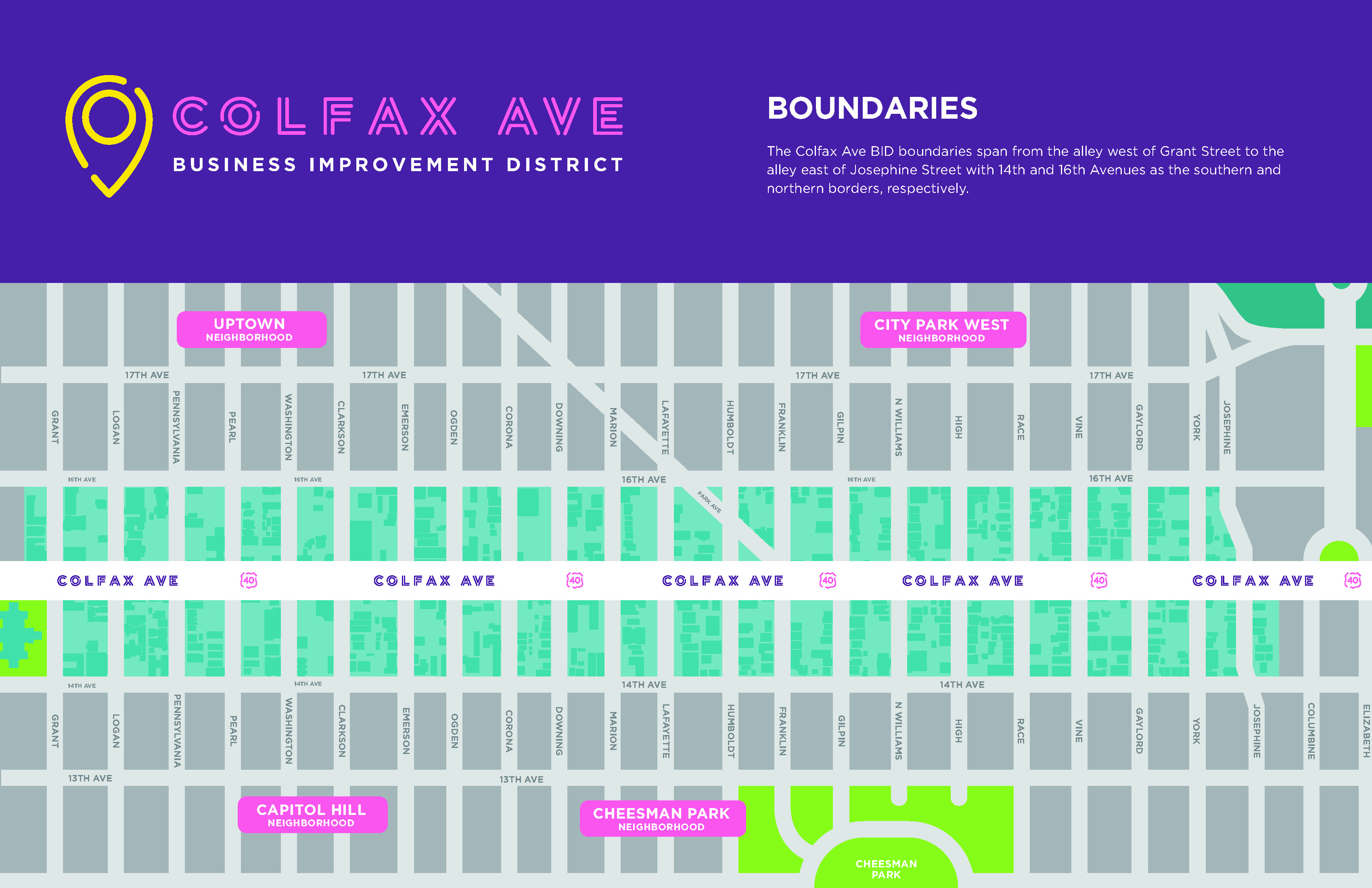 The Colfax Ave map illustrating the district boundaries.