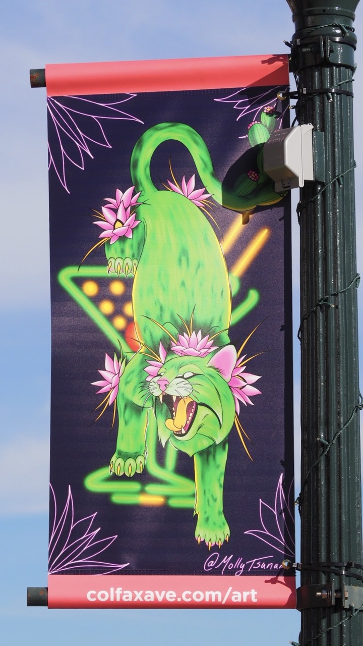 Photo of a tattoo designed street banner on Colfax Ave.