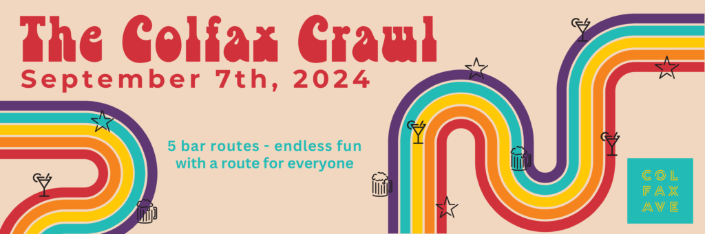 Colfax Crawl promo graphic with a winding rainbow and event details