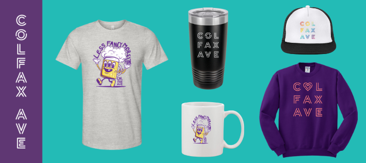 Colfax Ave merchandise, t-shirt, hats, mug, cup