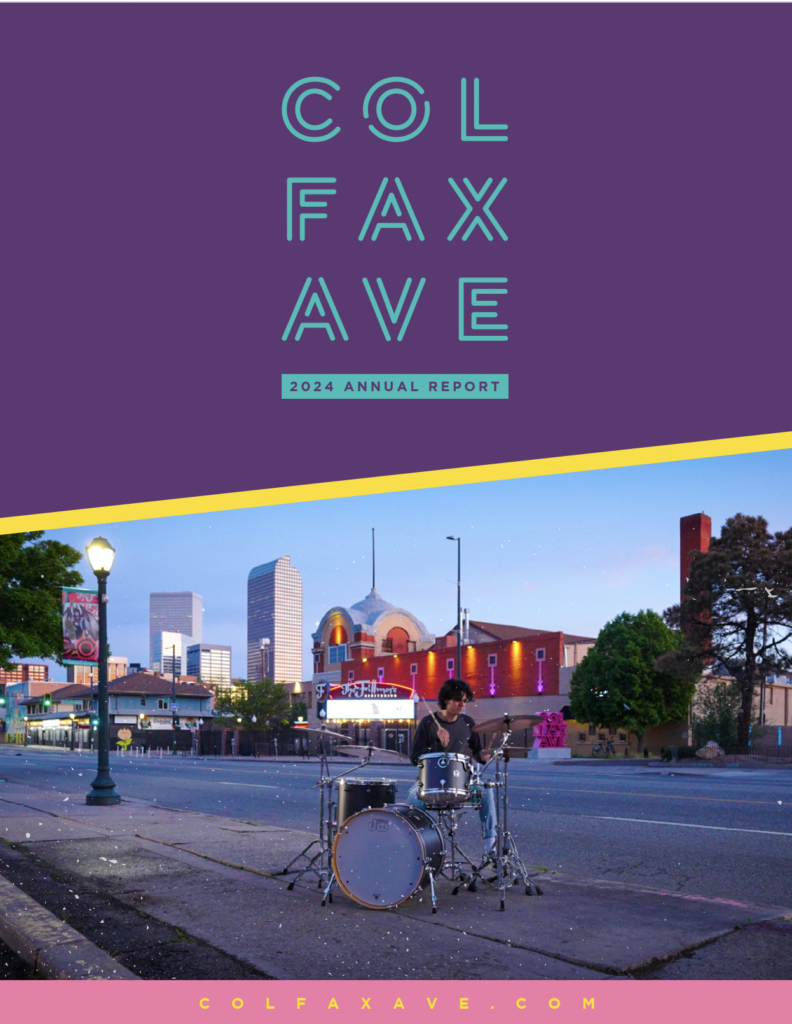 Cover of the 2024 Colfax Ave BID Annual Report showing a drummer in front of Colfax Avenue at night