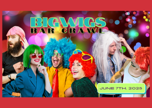 Big Wigs event promotion with many people wearing wigs